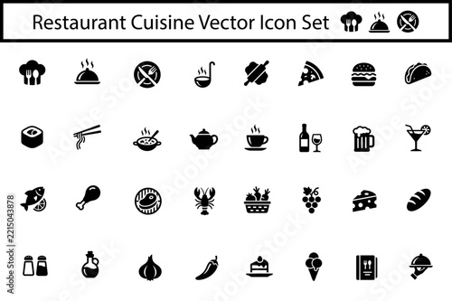 A comprehensive collection of black restaurant cuisine vector icons featuring various food items drinks and dining service related elements