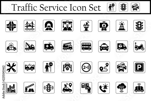 A comprehensive collection of black and white traffic service icons representing various transportation modes and urban infrastructure maintenance symbols