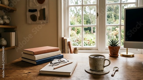 Cozy home office with computer and books by sunlit window, productive atmosphere