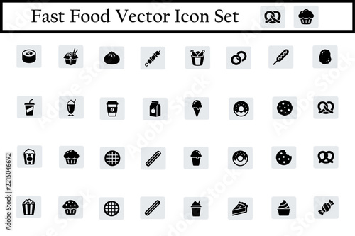 A comprehensive collection of black and white fast food vector icons featuring various snacks meals and delicious beverage options