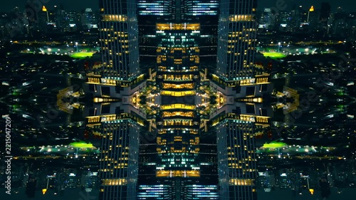 mirrored fractal cityscape skyline with symmetrical skyscraper geometry, abstract urban city architecture pattern with futuristic kaleidoscope reflection effect, technology background 4k