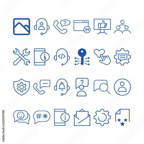 Customer Service and Technical Support Line Vector Icons featuring Helpdesk Headset, Mobile Info, Cybersecurity Key, System Settings, Feedback, and Communication Functions
