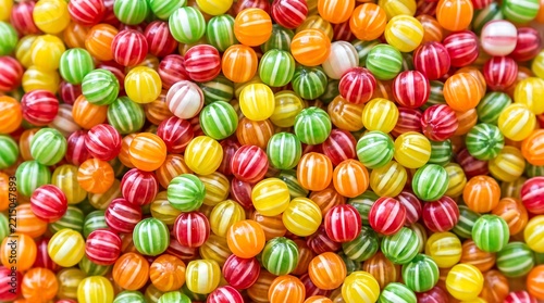 Colorful assortment of small round striped candies as a background with striped candy sugar rush party favor