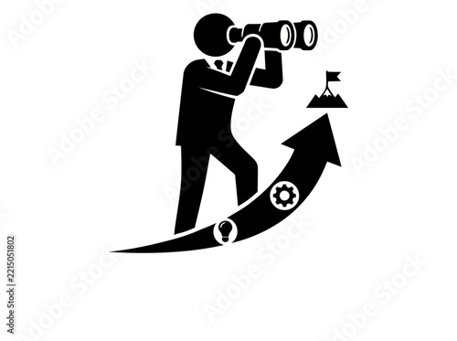 Strategic business vision icon, businessman with binoculars on growth arrow, success goal achievement vector.