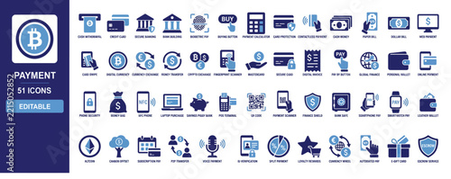 Payment icons vector set, 51 financial symbols collection, blue banking and commerce graphic elements