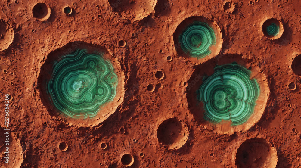 Fototapeta premium Surreal aerial view of red alien terrain showing craters with green agate rock formations