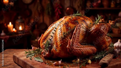 Roasted Turkey on Carving Board in Candlelight with Copy Space