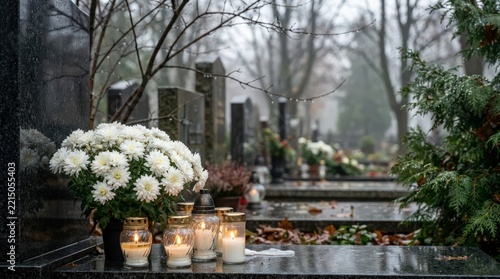 Cemetery graves are decorated with glowing memorial candles and white floral arrangements during All Saints Day.