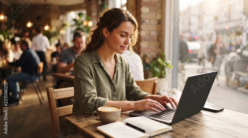 Businesswoman typing on laptop in cozy cafe with warm natural light and blurred street background