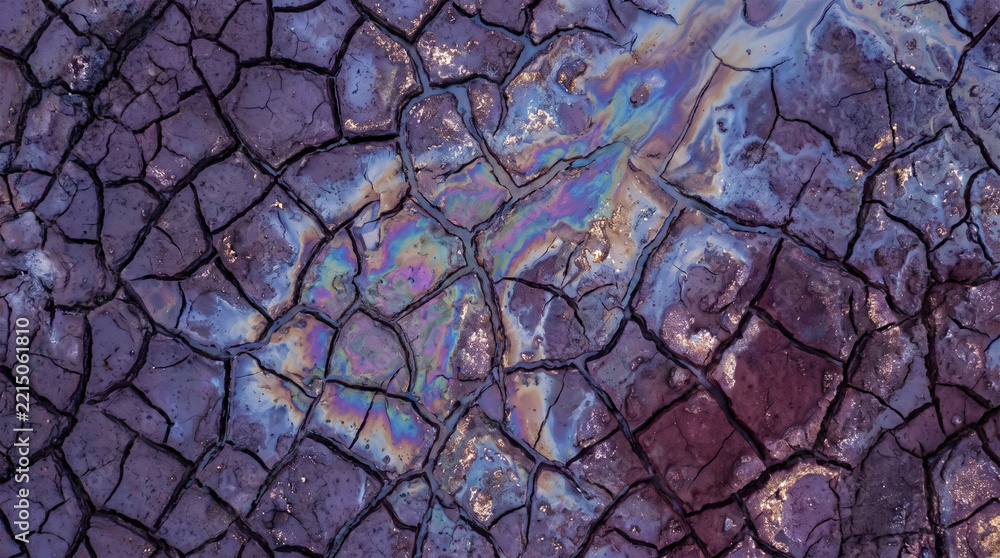 Fototapeta premium Toxic rainbow oil slick coating the surface of deeply cracked purple desert mud