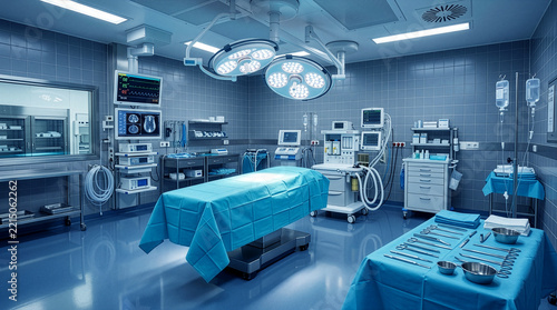 Modern hospital operating room interior with surgical table sterile instruments surgical lamps heart monitor and anesthesia machine ready for medical surgery stock photo