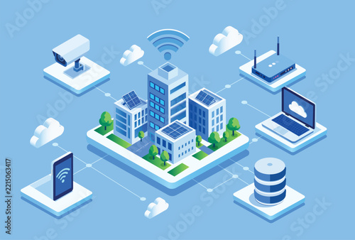 Smart city internet of things isometric showing eco buildings connected with cctv camera router laptop database and smartphone icons