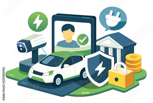 Electric vehicle insurance security system isometric showing electric car surrounded by shield lock tablet cctv bank and money coins isolated on white background