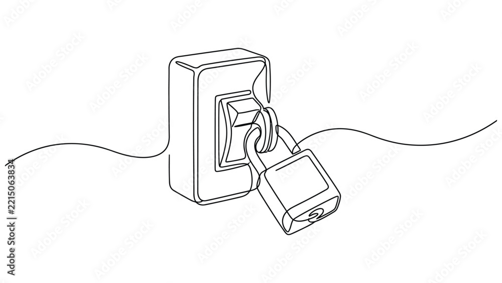 Obraz premium Continuous single line of a padlock secured to a light switch, isolated on a white background, concept of security and restricted access