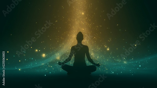 silhouette meditating in lotus pose, warm golden halo ring, emerald green and blue energy rays radiating outward