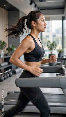 Southeast Asian female athlete running on treadmill in modern fitness center