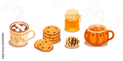 Flat Cartoon Autumn Cozy Set with Hot Cocoa, Cookies, Honey, Tea and Pine Cone