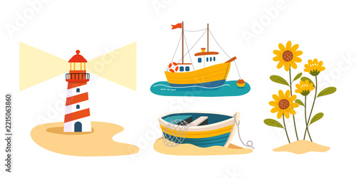 Flat Cartoon Coastal Illustration Set with Lighthouse, Fishing Boats and Wildflowers
