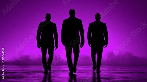 Three businessmen standing side by side in confident poses, shown as solid black silhouettes with no visible facial features.