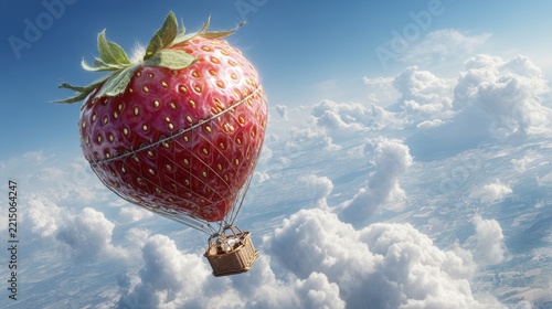 a giant strawberry transformed into a dirigible. flying through a bright sky