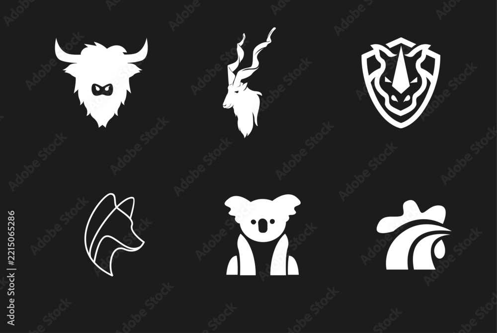 Fototapeta premium Modern Minimalist Animal Head Logos Set with Yak, Markhor, Rhinoceros, Fox, Koala, and Rooster Icons for Branding