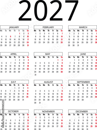 Minimalist printable wall calendar for the year 2027 
