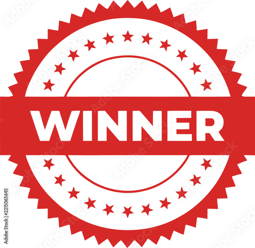 Red round winner stamp with star icons on an isolated white background