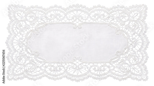Elaborate white oval lace doily with isolated on transparent background