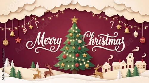 Merry christmas greeting card design with paper cut style winter village landscape and hanging festive ornaments