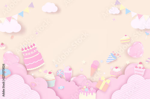 Birthday cake and dessert on cloud background