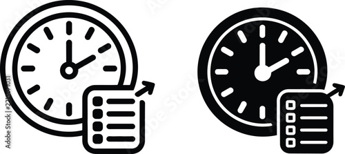 Time management icon set with clock schedule task list outline and solid black productivity symbol vector illustration