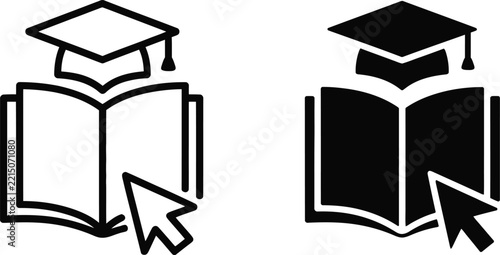 Online education icon set with graduation cap open book cursor outline and solid black e-learning study symbol vector illustration   