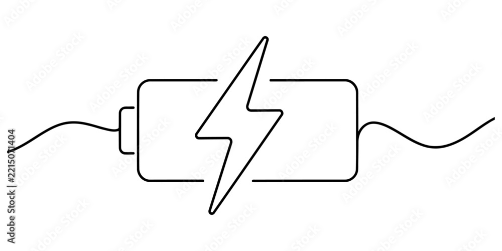 Fototapeta premium One continuous line drawing of battery with lightning bolt sign representing electrical energy power charging status concept.