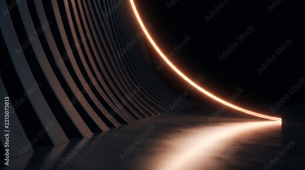 Fototapeta premium Abstract background with a curved glowing light trail moving through a dark tunnel featuring vertical architectural lines creating a modern and futuristic digital aesthetic look