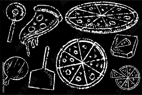 Chalk pizza sketch for restaurant pizzeria, cafe signboards.