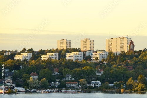 A residential area with apartment buildings on a summer evening on Lidingö, Sweden.