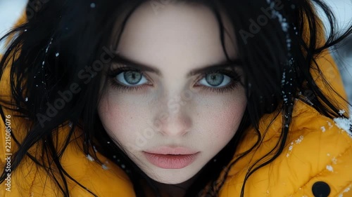 Close-up of a woman's face in a yellow jacket, eyes intense, hair with snow