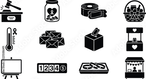 Set of charity and fundraising icons including donation box, auction gavel, raffle tickets, and volunteer event management symbols