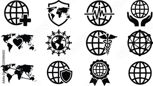 Set of global world globe icons featuring medical healthcare, social unity, security, and international communication concepts in black silhouette