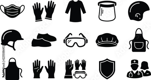 Set of personal protective equipment icons for medical, industrial, and laboratory safety, featuring masks, gloves, helmets, and protective clothing