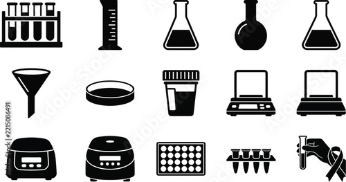 Set of laboratory equipment icons including test tubes, beakers, flasks, centrifuge, and scientific analysis tools for medical research