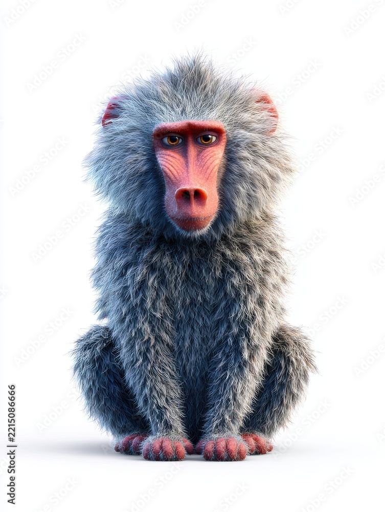 Obraz premium A Detailed Portrait Of A Baboon With Textured Grey Fur Sitting Against A Clean White Background