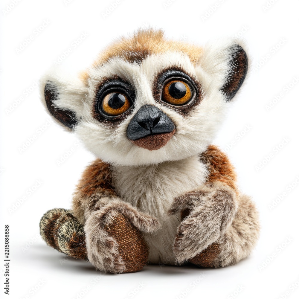 Fototapeta premium Adorable Fluffy Lemur Plush Toy With Large Amber Eyes Sitting On A Clean White Background Studio Shot
