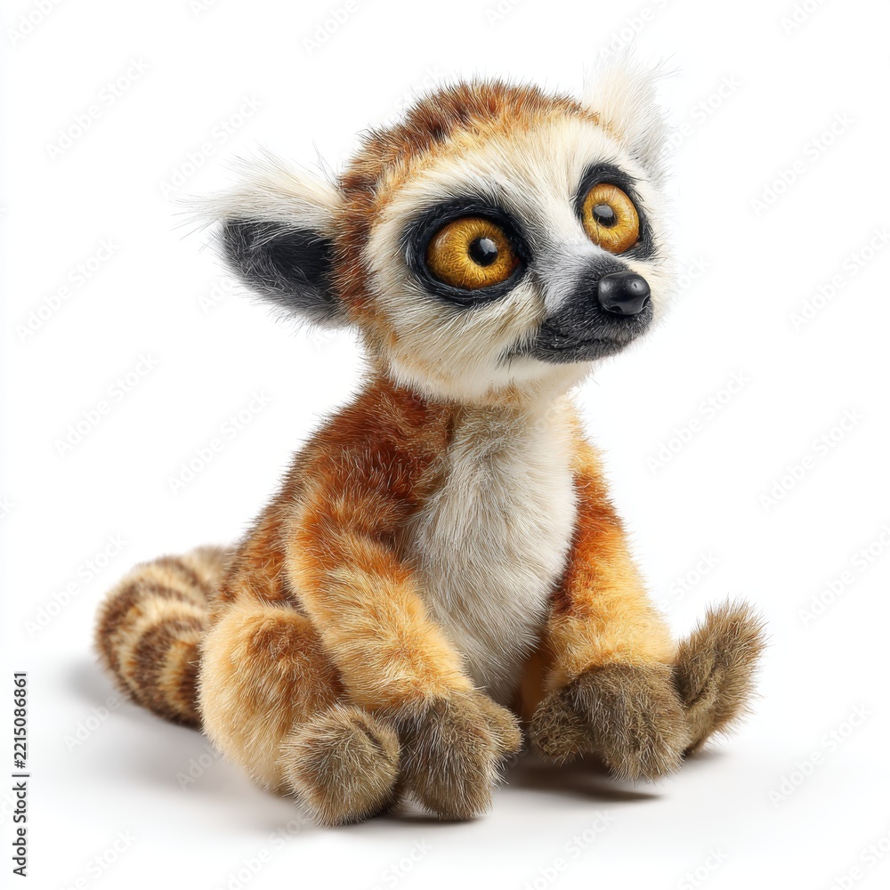 Fototapeta premium Adorable Stuffed Lemur Toy With Big Golden Eyes Sitting Isolated On A Crisp White Studio Background