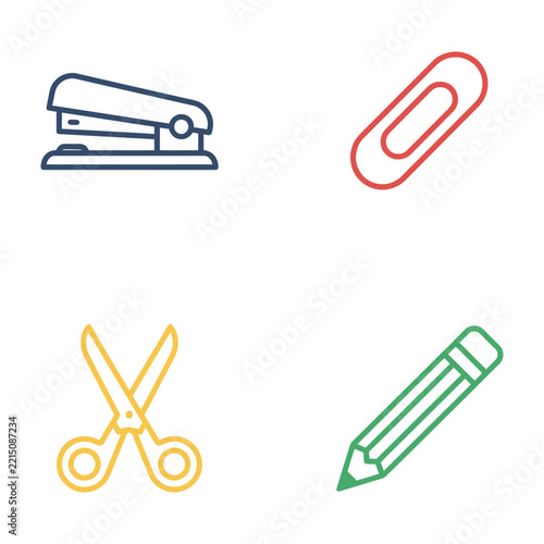 Office Supplies Collection: Stapler, Paperclip, Scissors, Pencil Line Icons