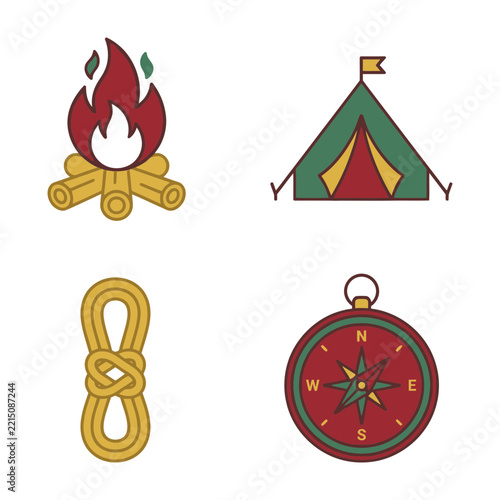 Camping Fire Tent Rope and Compass Outdoor Adventure Icons Set