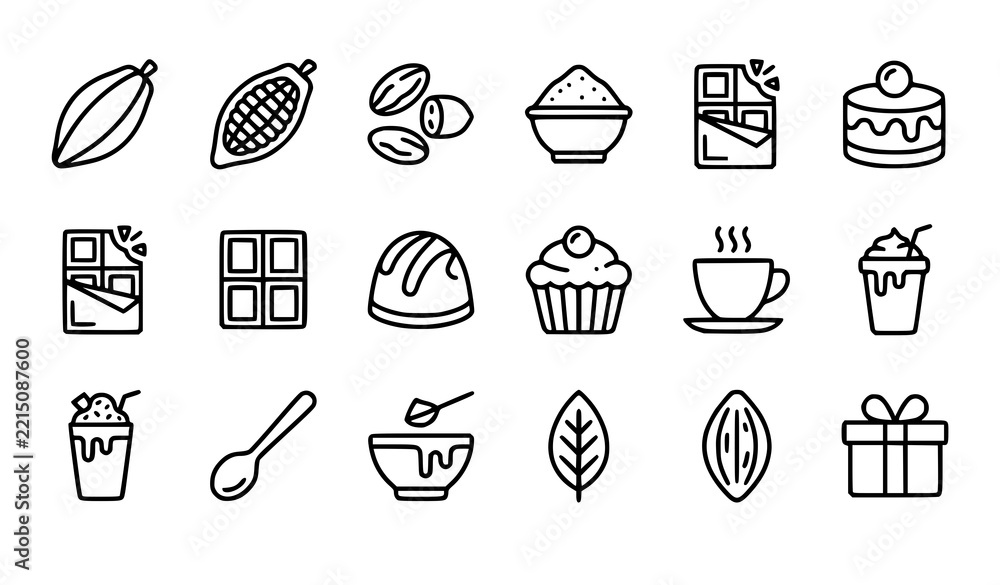 Fototapeta premium Cacao cocoa and chocolate icon set with beans dessert drink and confectionery editable vector