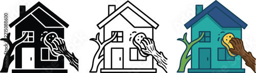 Three variations of a house icon showing house washing and exterior maintenance services concept art