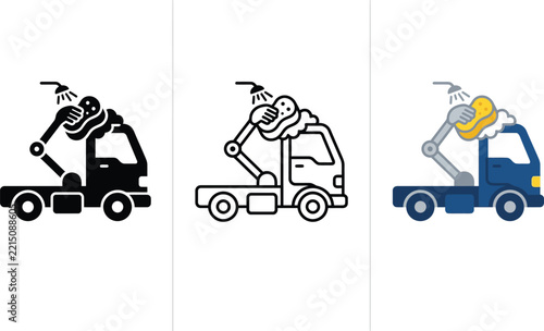 Three variations of truck washing service logos featuring robotic arms and sponges in vector illustration