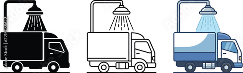 Truck wash vector illustration set showing solid black outline and color variants on white